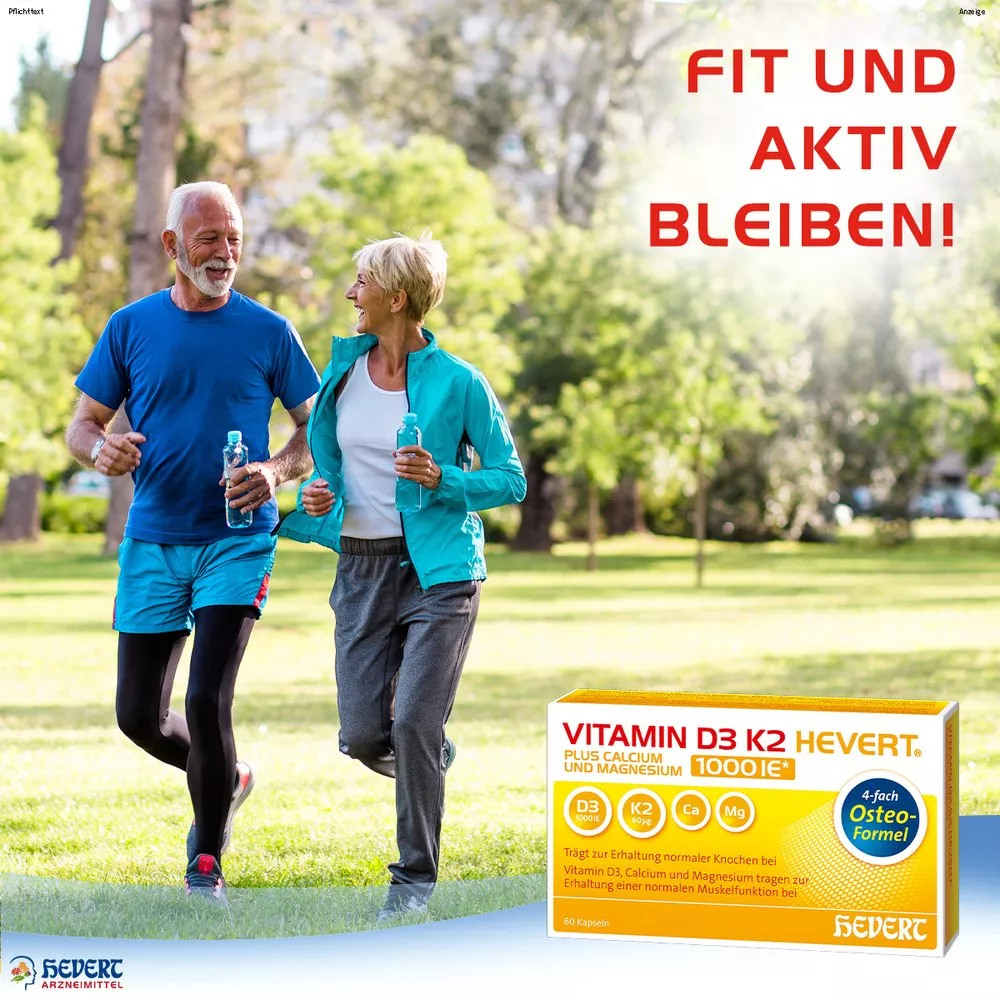 Vitamin D3 K2 Hevert plus Calcium und Magnesium 1000 IE 60 Kapseln